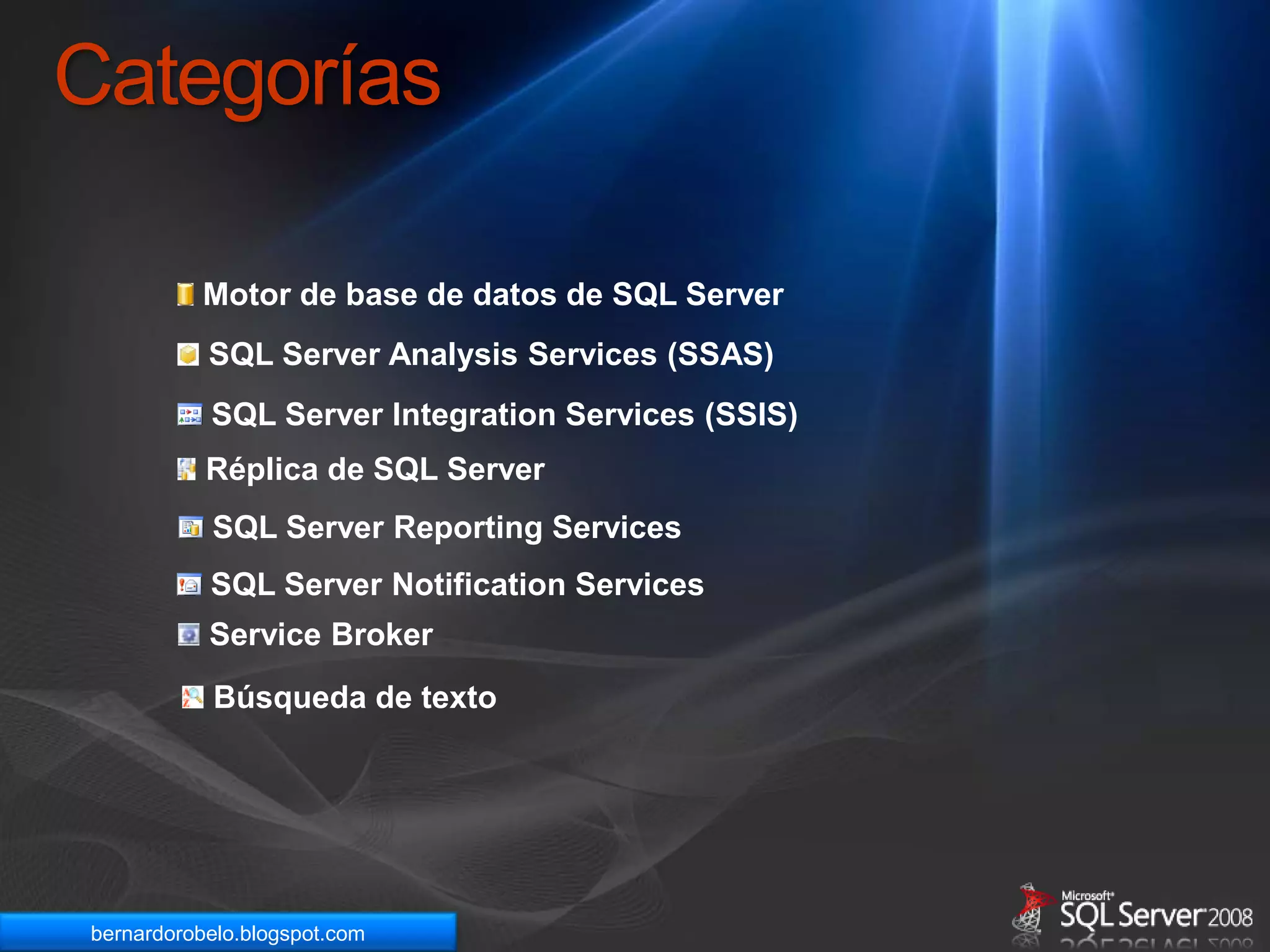 Categorías Motor de base de datos de SQL Server  SQL Server Analysis Services (SSAS)  SQL Server IntegrationServices (SSIS)  Réplica de SQL Server SQL Server Reporting Services  SQL Server Notification Services  Service Broker  Búsqueda de texto 