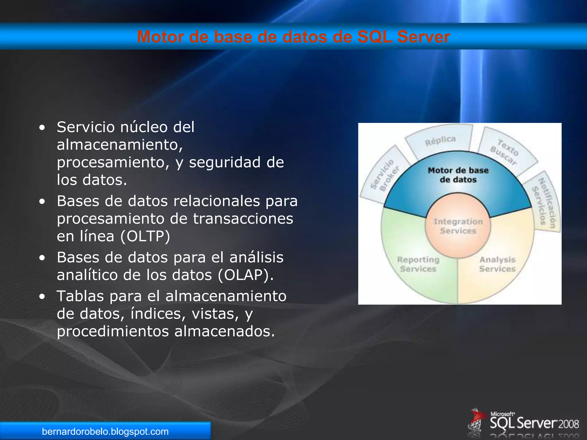 Motor de base de datos de SQL ServerServicio núcleo del almacenamiento, procesamiento, y seguridad de los datos. 
