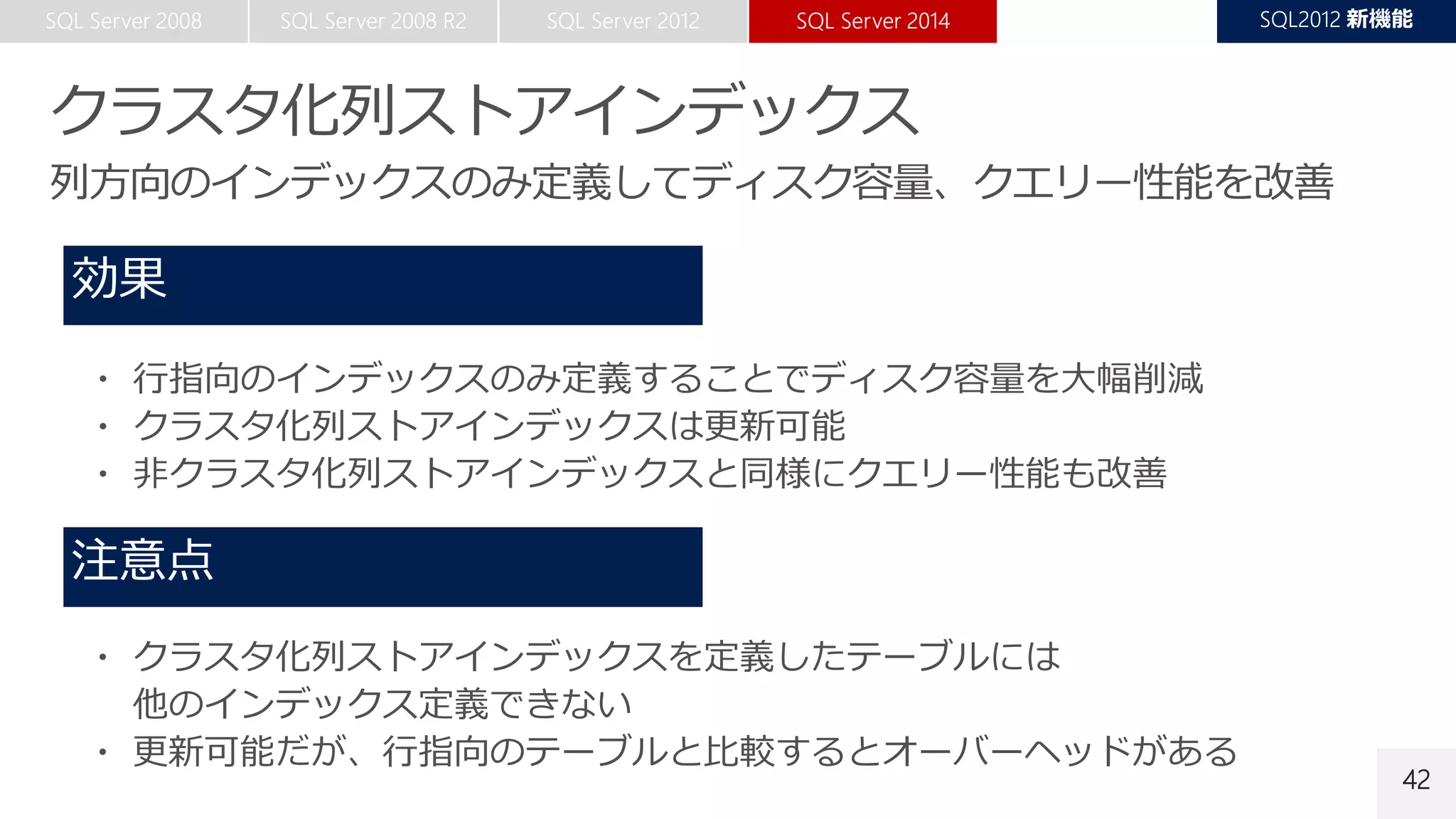 42
・ 行指向のインデックスのみ定義することでディスク容量を大幅削減
・ クラスタ化列ストアインデックスは更新可能
・ 非クラスタ化列ストアインデックスと同様にクエリー性能も改善
・ クラスタ化列ストアインデックスを定義したテーブルには
他のインデックス定義できない
・ 更新可能だが、行指向のテーブルと比較するとオーバーヘッドがある
 