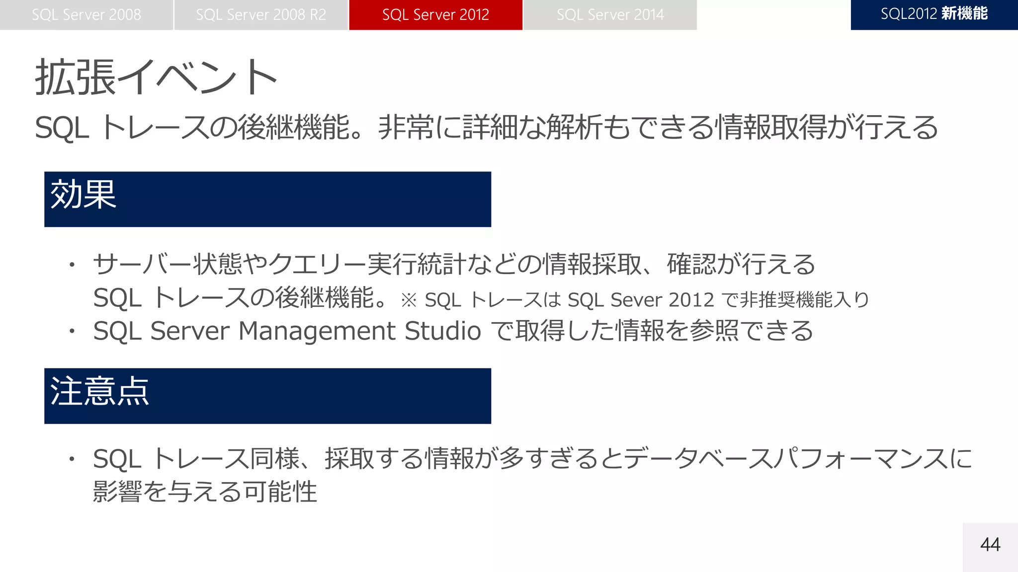 44
・ サーバー状態やクエリー実行統計などの情報採取、確認が行える
SQL トレースの後継機能。※ SQL トレースは SQL Sever 2012 で非推奨機能入り
・ SQL Server Management Studio で取得した情報を参照できる
・ SQL トレース同様、採取する情報が多すぎるとデータベースパフォーマンスに
影響を与える可能性
 