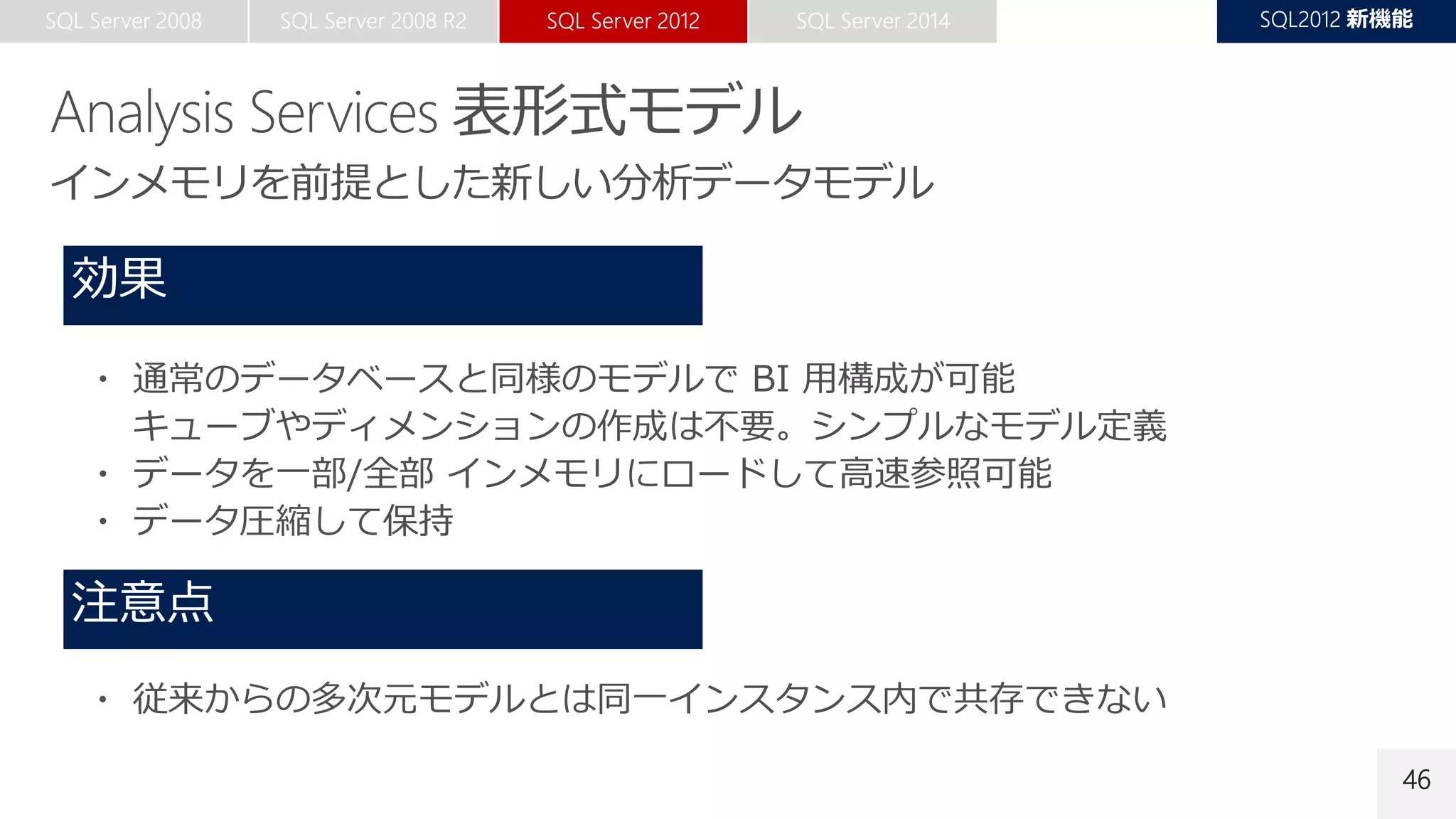46
・ 通常のデータベースと同様のモデルで BI 用構成が可能
キューブやディメンションの作成は不要。シンプルなモデル定義
・ データを一部/全部 インメモリにロードして高速参照可能
・ データ圧縮して保持
・ 従来からの多次元モデルとは同一インスタンス内で共存できない
 