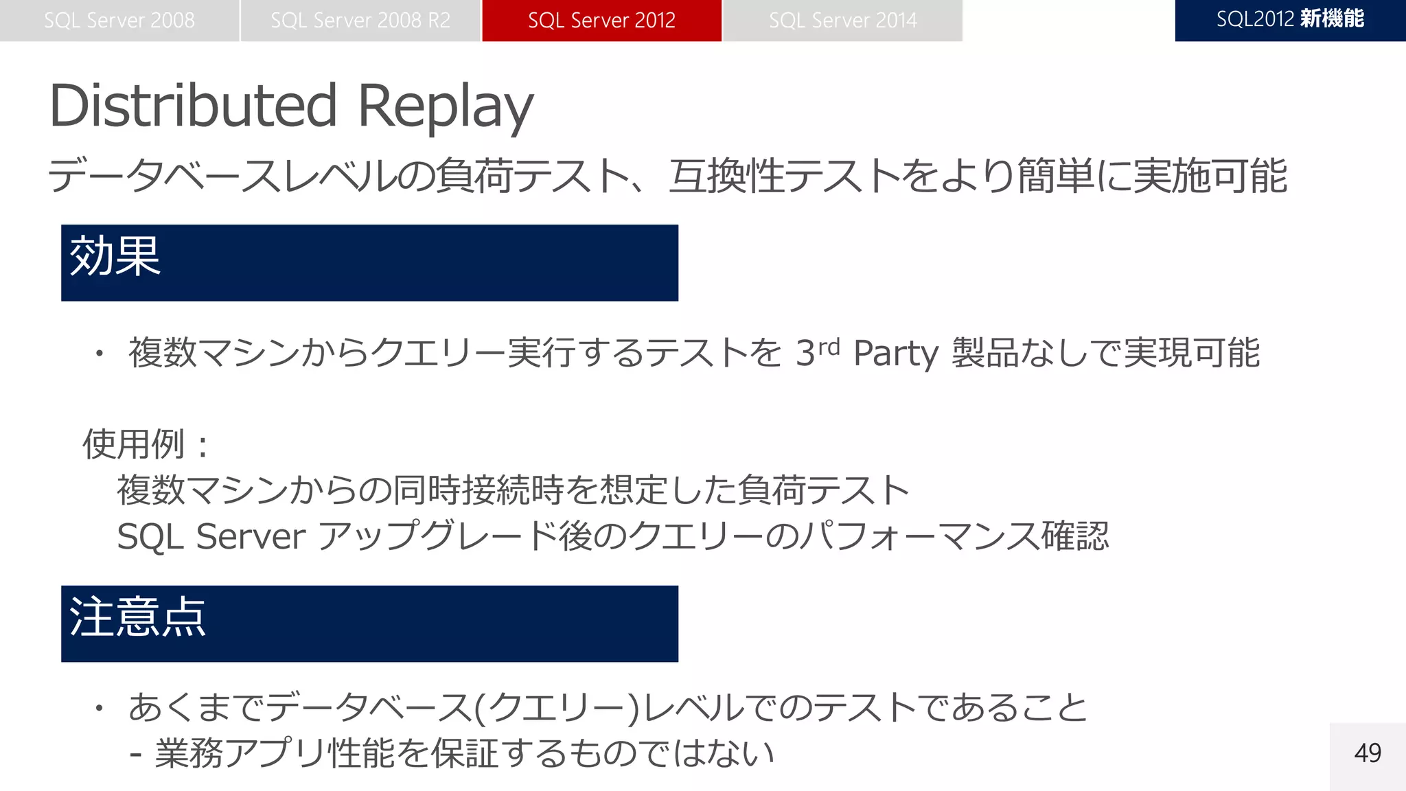 49
・ 複数マシンからクエリー実行するテストを 3rd Party 製品なしで実現可能
使用例：
複数マシンからの同時接続時を想定した負荷テスト
SQL Server アップグレード後のクエリーのパフォーマンス確認
・ あくまでデータベース(クエリー)レベルでのテストであること
- 業務アプリ性能を保証するものではない
 