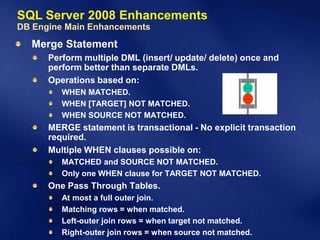 SQL Server 2008 Enhancements
DB Engine Main Enhancements
  Merge Statement
      Perform multiple DML (insert/ update/ delete) once and
      perform better than separate DMLs.
      Operations based on:
         WHEN MATCHED.
         WHEN [TARGET] NOT MATCHED.
         WHEN SOURCE NOT MATCHED.
      MERGE statement is transactional - No explicit transaction
      required.
      Multiple WHEN clauses possible on:
         MATCHED and SOURCE NOT MATCHED.
         Only one WHEN clause for TARGET NOT MATCHED.
      One Pass Through Tables.
         At most a full outer join.
         Matching rows = when matched.
         Left-outer join rows = when target not matched.
         Right-outer join rows = when source not matched.
 