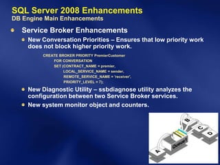 SQL Server 2008 Enhancements
DB Engine Main Enhancements
  Service Broker Enhancements
    New Conversation Priorities – Ensures that low priority work
    does not block higher priority work.
         CREATE BROKER PRIORITY PremierCustomer
             FOR CONVERSATION
             SET (CONTRACT_NAME = premier,
                  LOCAL_SERVICE_NAME = sender,
                  REMOTE_SERVICE_NAME = 'receiver',
                  PRIORITY_LEVEL = 7);

    New Diagnostic Utility – ssbdiagnose utility analyzes the
    configuration between two Service Broker services.
    New system monitor object and counters.
 