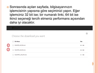

Sonrasında açılan sayfada, bilgisayarınızın
işlemcisinin yapısına göre seçiminizi yapın. Eğer
işlemciniz 32 bit ise; bir numaralı linki, 64 bit ise
ikinci seçeneği tercih etmeniz performans açısından
daha iyi olacaktır.

 