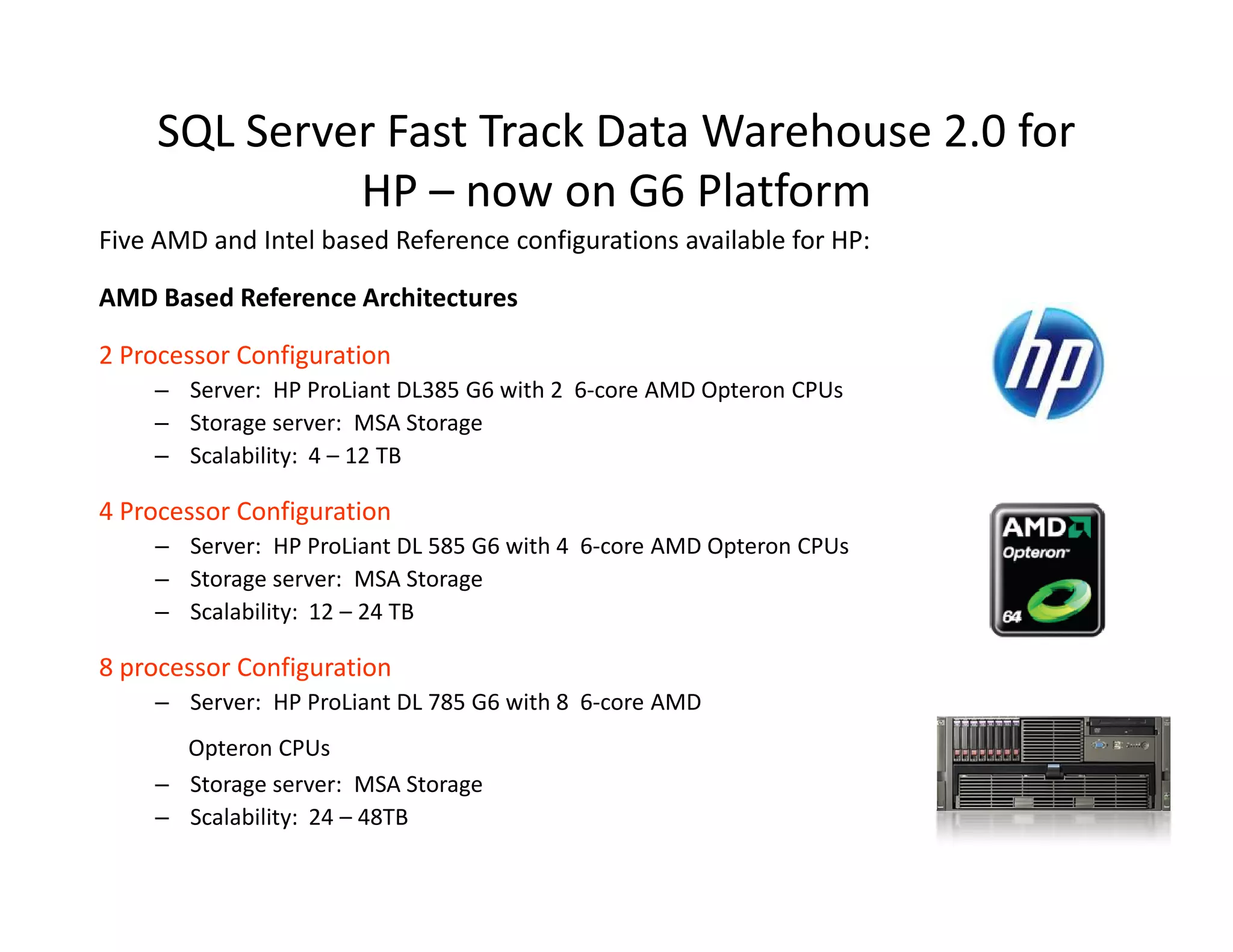 SQL Server Fast Track Data Warehouse 2.0 for
              HP – now on G6 Platform
Five AMD and Intel based Reference configurations available for HP:

AMD Based Reference Architectures

2 Processor Configuration
    – Server: HP ProLiant DL385 G6 with 2 6-core AMD Opteron CPUs
    – Storage server: MSA Storage
    – Scalability: 4 – 12 TB

4 Processor Configuration
    – Server: HP ProLiant DL 585 G6 with 4 6-core AMD Opteron CPUs
    – Storage server: MSA Storage
    – Scalability: 12 – 24 TB

8 processor Configuration
    – Server: HP ProLiant DL 785 G6 with 8 6-core AMD
      Opteron CPUs
    – Storage server: MSA Storage
    – Scalability: 24 – 48TB
 