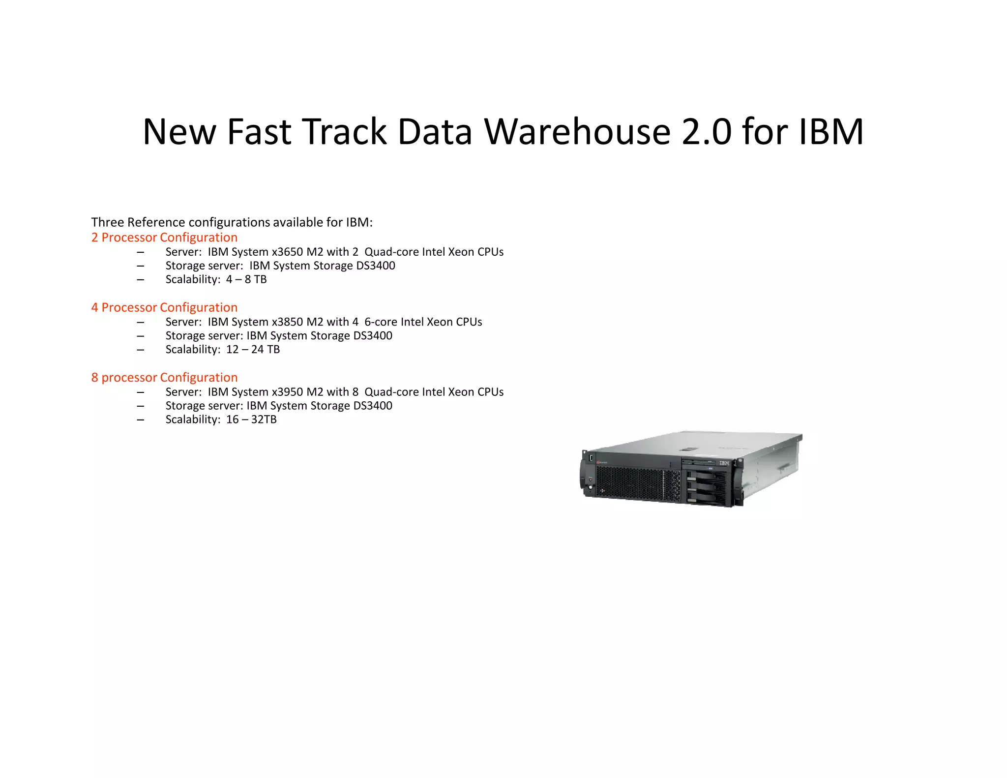 New Fast Track Data Warehouse 2.0 for IBM

Three Reference configurations available for IBM:
2 Processor Configuration
       –    Server: IBM System x3650 M2 with 2 Quad-core Intel Xeon CPUs
       –    Storage server: IBM System Storage DS3400
       –    Scalability: 4 – 8 TB

4 Processor Configuration
       –    Server: IBM System x3850 M2 with 4 6-core Intel Xeon CPUs
       –    Storage server: IBM System Storage DS3400
       –    Scalability: 12 – 24 TB

8 processor Configuration
       –    Server: IBM System x3950 M2 with 8 Quad-core Intel Xeon CPUs
       –    Storage server: IBM System Storage DS3400
       –    Scalability: 16 – 32TB
 