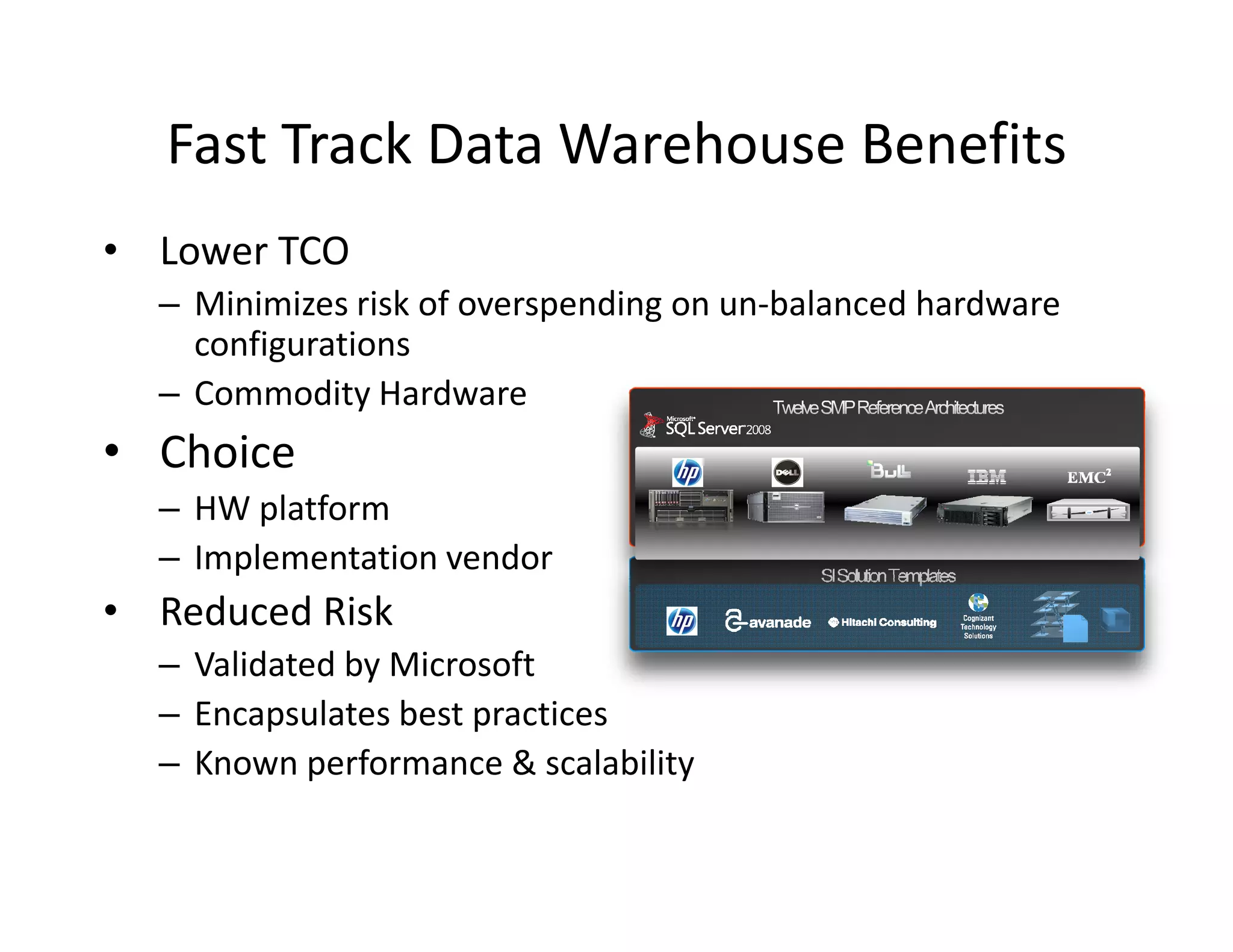 Fast Track Data Warehouse Benefits
• Lower TCO
  – Minimizes risk of overspending on un-balanced hardware
    configurations
  – Commodity Hardware
• Choice
  – HW platform
  – Implementation vendor
• Reduced Risk
  – Validated by Microsoft
  – Encapsulates best practices
  – Known performance & scalability
 