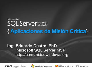 { Aplicaciones de Misión Crítica} Ing. Eduardo Castro, PhD Microsoft SQL Server MVP http://comunidadwindows.org 