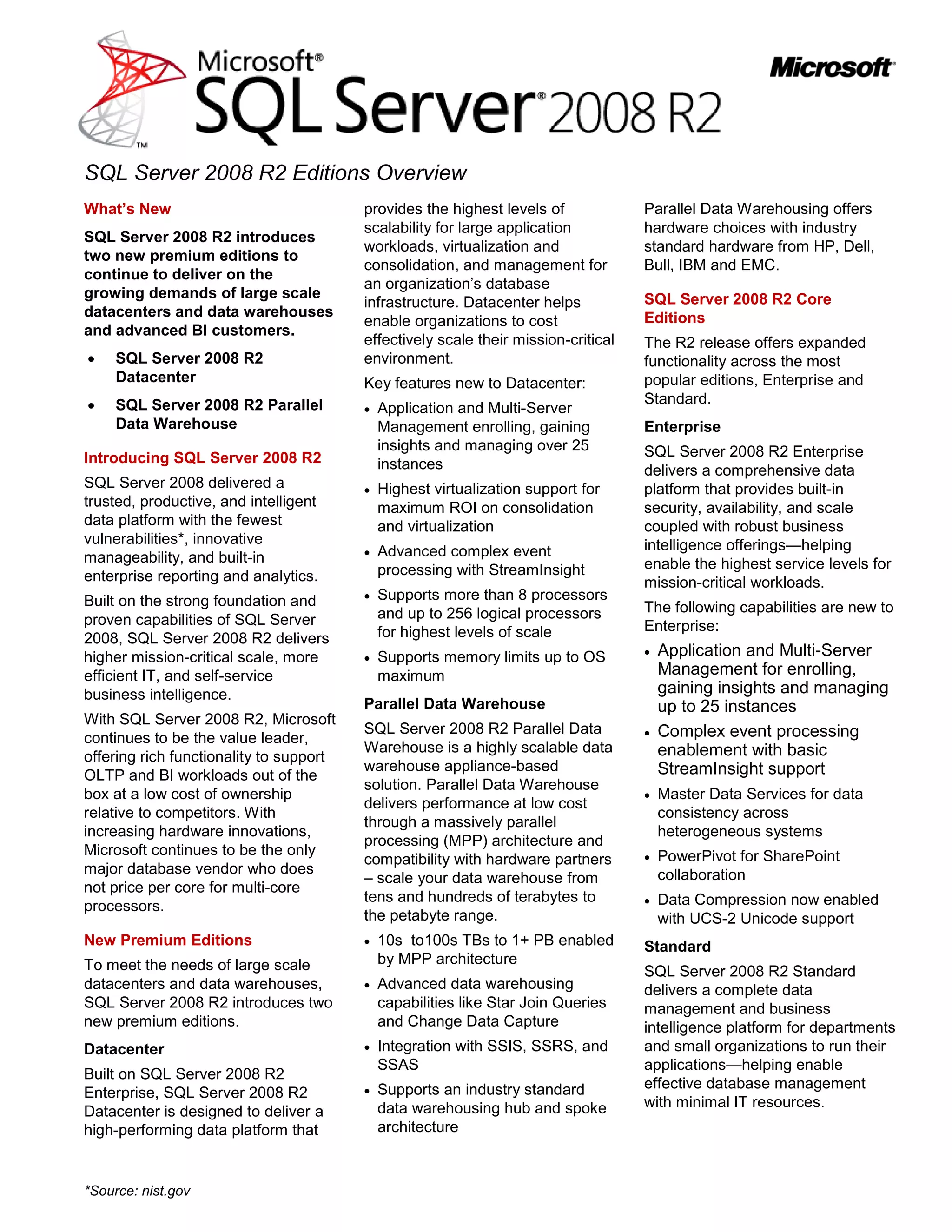 Microsoft SQL Server - SQL Server 2008 R2 Editions Datasheet | PDF ...