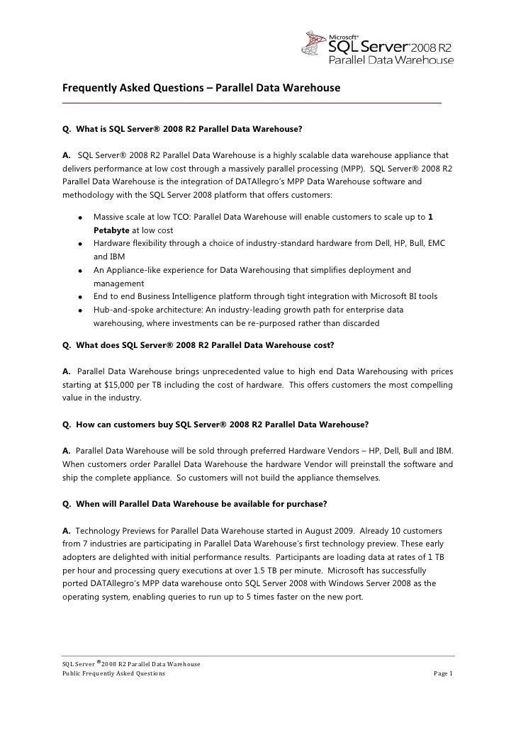 Microsoft SQL Server Parallel Data Warehouse Questionnaire