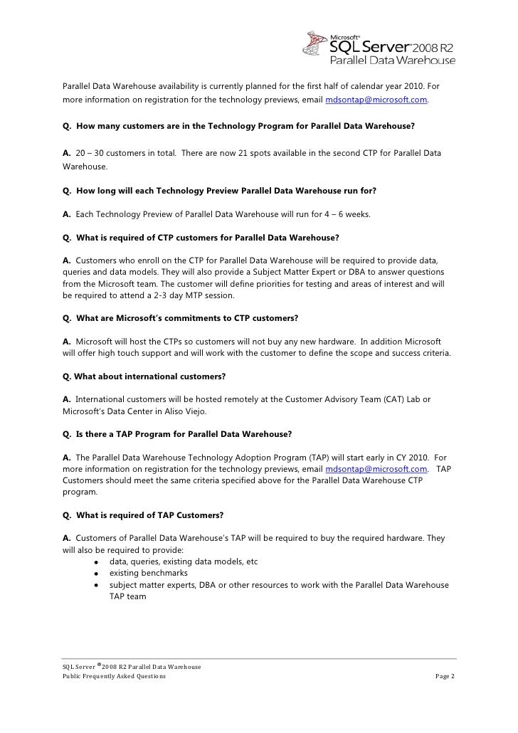 Microsoft SQL Server Parallel Data Warehouse Questionnaire