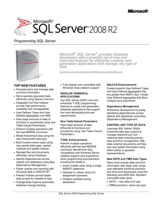 Microsoft® SQL Server® provides database developers with a powerful set of new and improved features for efficiently creating next generation applications that manage any type of data.<br />http://www.microsoft.com/sqlserver/2008/en/us/programmability.aspx  <br />TOP NEW FEATURES<br />Precisely store and manage date and time information <br />Store sparsely populated data efficiently using Sparse Columns<br />Integrated Full-Text Indexes provide high-performance, scalability and manageability<br />User Defined Types and User Defined Aggregates over 8KB<br />Pass large amounts of data to functions or procedures using new Table-Valued Parameters <br />Perform multiple operations with the new MERGE command<br />Model hierarchical data using the new HierarchyID data type<br />Build location-aware apps using new spatial data types, spatial methods and spatial indexes<br />Manage files and documents efficiently using Filestream <br />Identify dependencies across objects and databases using New Dependency Management <br />Faster queries and reporting with Grouping Sets in GROUP BY <br />Filtered Indexes provide faster data access for subsets of data<br />Change Data Capture automates database change tracking<br />Fully aligned and compatible with Windows Vista collation support<br />DEVELOP POWERFUL APPLICATIONS<br />Use SQL Server 2008’s new and enhanced T-SQL programming features to create next generation database applications that support the most demanding end-user requirements. <br />New Table-Valued Parameters<br />Pass large amounts of data efficiently to functions and procedures using new Table-Valued Parameters. <br />T-SQL Enhancements<br />Perform multiple operations efficiently with the new MERGE command. Benefit from fully compatibility with Windows Server collation support, plus experience other programming improvements including the ability to:<br />Insert multiple rows using a single INSERT statement<br />Operate on values using rich assignment operators <br />Initialize variables during declaration<br />SQLCLR Enhancements<br />Create powerful User Defined Types and User Defined Aggregates that are greater than 8KB in size. Create User Defined Aggregates that allow multiple input arguments.<br />Dependency Management<br />Streamline development by easily identifying dependencies across objects and databases using New Dependency Management.<br />CONTROL ANY TYPE OF DATA<br />Leverage SQL Server 2008’s enhanced data type support to manage relational and non-relational data including precise date and time management, XML data, external documents and files, and new spatial information using either planar or geodetic representations. <br />New DATE and TIME Data Types<br />Store more precise date and time information with larger year range, user definable fractional precision, and time zone awareness using the following new ANSI SQL Standard compatible data types:<br />DATE – new date-only type<br />TIME(precision) - time-only type<br />DATETIMEOFFSET(precision) - time zone aware DATETIME type<br />2491105321310DATETIME2(precision) - new type with larger fractional seconds and year range than DATETIME<br />New HIERARCHYID Date Type<br />Model hierarchical data such as org charts and files and folders using the new HIERARCYID data type and easily perform operations on hierarchy data using powerful built-in methods for manipulating hierarchies efficiently.<br />New Support for Spatial Data<br />Build powerful location-aware applications using SQL Server’s new spatial data types and built-in spatial functionality. Create responsive and highly engaging solutions that take advantage of the built-in spatial indexing capabilities.<br />Manage Files and Documents with new FILESTREAM Data Type<br />Manage files and documents efficiently while leveraging SQL Server security and transaction support using the powerful new FILESTREAM data type. Move files and documents to economical hardware and benefit from low cost file system storage that provides storage capacity limited only to volume size. Dual programming model enables the reuse of existing BLOB-centric T-SQL on new FILESTREAM BLOBs with the advantage of T-SQL transactional semantics, or take advantage of file system streaming access through Windows file management APIs that provide flexible operations on files and documents. Additional benefits include:<br />Consistency between metadata and the data store <br />Rich data streaming performance<br />Reduction in database size<br />DELIVER OPTIMIZED SOLUTIONS<br />Enhancements in the SQL Server storage engine and data store enables developers to store, manage and find data efficiently using sparse columns, filtered indexes and a new fully integrated Full Text Search.<br />Sparse Columns <br />Store semi-structured and sparsely populated sets of data efficiently using Sparse Columns. Allows NULL data to consume no physical space in a database, thereby ensuring optimized data storage.<br />Fully Integrated Full-Text Search <br />Quickly find textual information across databases by leveraging SQL Server’s new high-performance fully integrated Full-Text search technology. Manage how Full-Text Indexes are created and stored to build powerful and scalable applications. <br />Filtered Indexes <br />Experience a new level of efficient data access and index storage using new Filtered Indexes that provide high-performance lookups of subsets of data.<br />Grouping Sets <br />Experience faster queries and reporting with Grouping Sets through powerful ANSI standard compliant extensions to the GROUP BY clause. Define multiple groupings in the same query to produce a high-speed single result set that is equivalent to the results from a UNION ALL of differently grouped rows.<br />Change Data Capture<br />Automatically captures and maintains changes to data and schema across tables, which eliminates the need to develop custom change tracking logic. . Built-in T-SQL methods enable developers to capture database changes efficiently.<br />