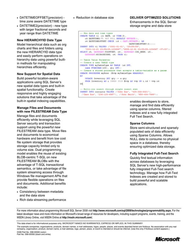 Sql server 2008 r2 programmability datasheet | DOCX | Databases ...