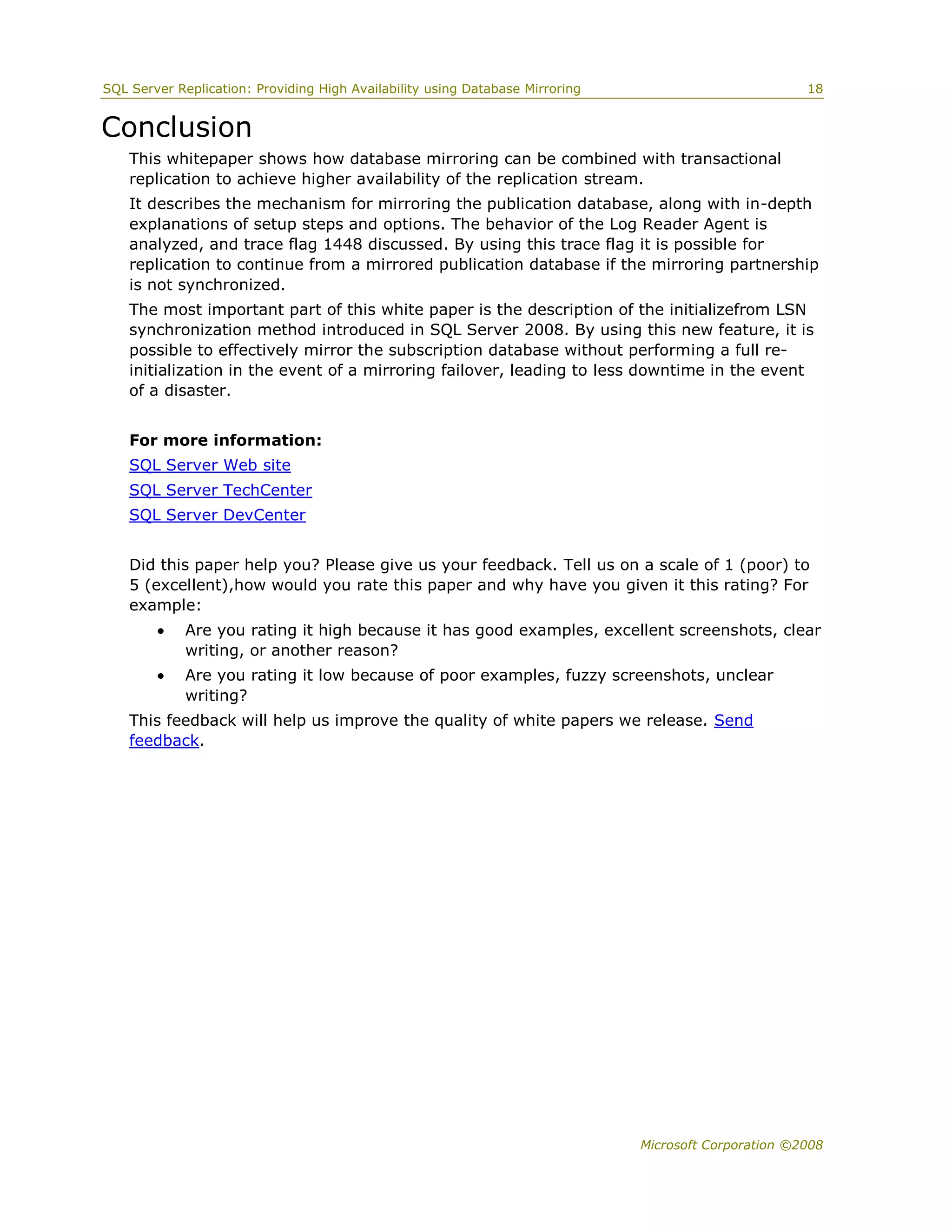 Sql server 2008 replication and database mirroring white paper