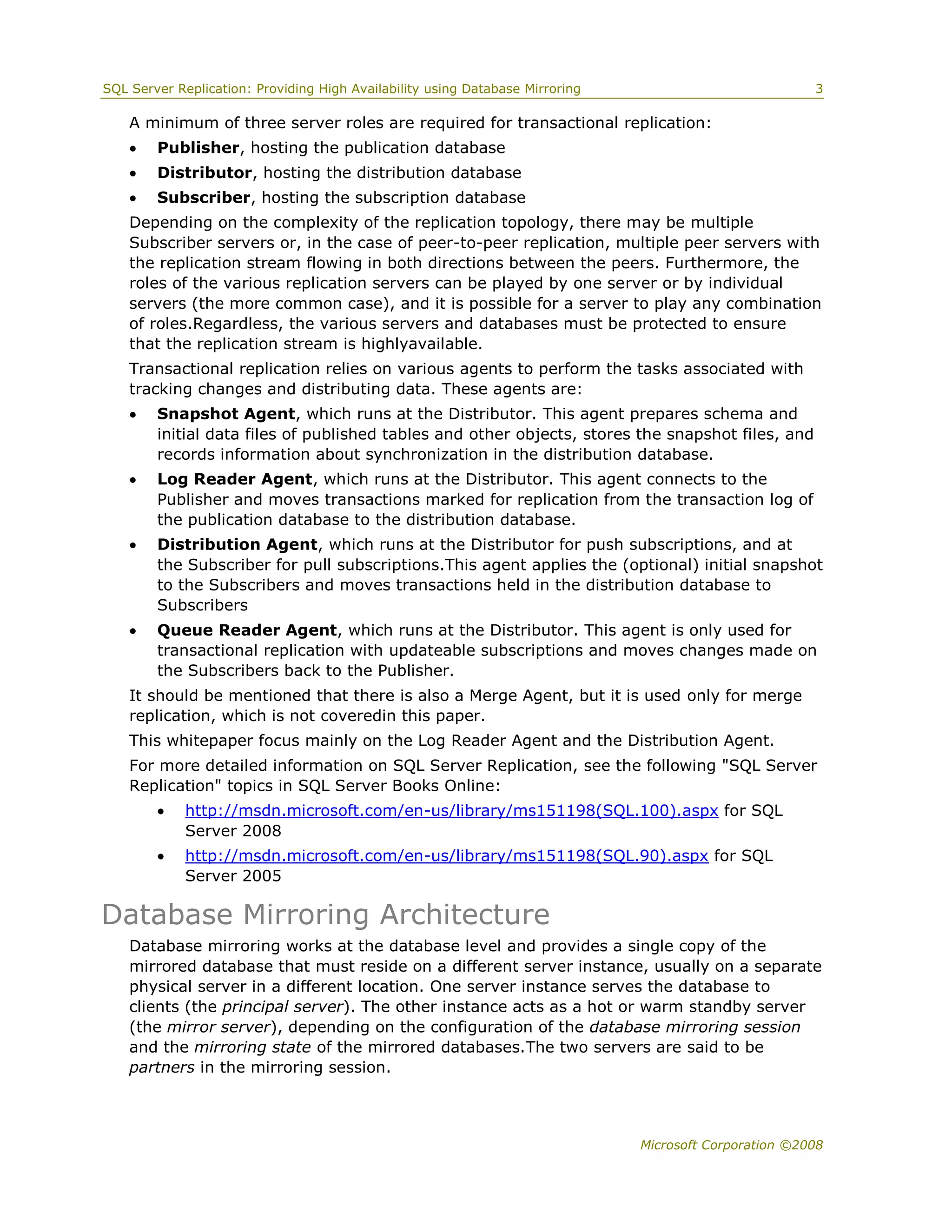 Sql server 2008 replication and database mirroring white paper