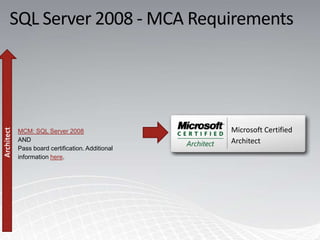 SQL Server 2008 - MCA Requirements




MCM: SQL Server 2008                   Microsoft Certified
AND                                    Architect
Pass board certification. Additional
information here.
 