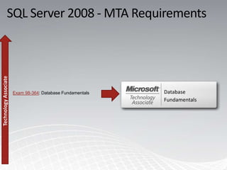 SQL Server 2008 - MTA Requirements




Exam 98-364: Database Fundamentals   Database
                                     Fundamentals
 