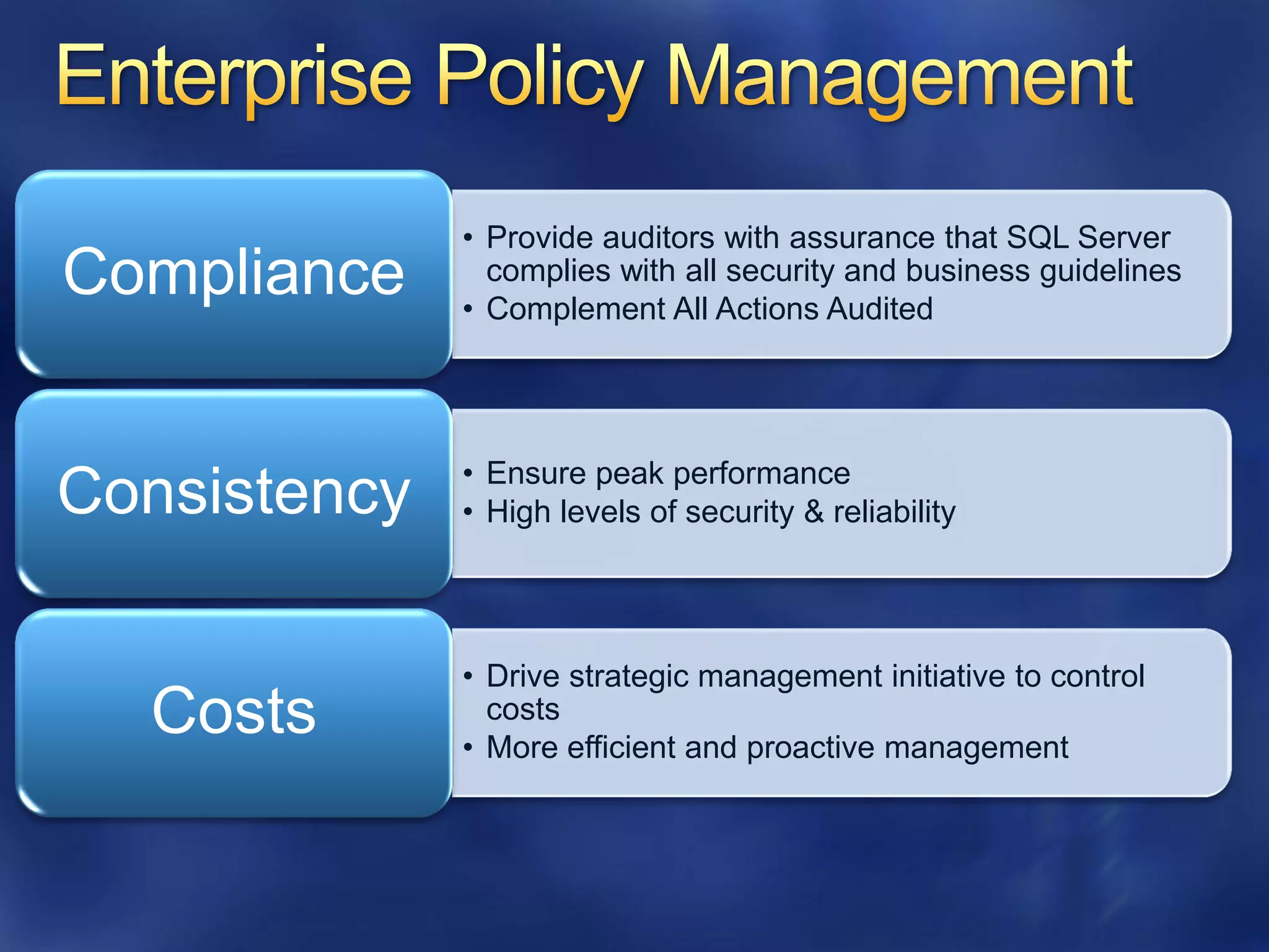 • Provide auditors with assurance that SQL Server
Compliance      complies with all security and business guidelines
              • Complement All Actions Audited




              • Ensure peak performance
Consistency   • High levels of security & reliability




              • Drive strategic management initiative to control
  Costs         costs
              • More efficient and proactive management
 