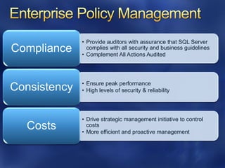 • Provide auditors with assurance that SQL Server
Compliance      complies with all security and business guidelines
              • Complement All Actions Audited




              • Ensure peak performance
Consistency   • High levels of security & reliability




              • Drive strategic management initiative to control
  Costs         costs
              • More efficient and proactive management
 