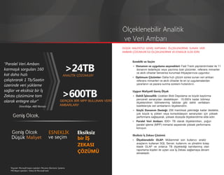 Ölçeklenebilir Analitik
                                                                                          ve Veri Ambarı
                                                                                          DÜŞÜK MALİYETLE GENİŞ KAPSAMLI ÖLÇEKLENDİRME SUNAN VERİ
                                                                                          AMBARI ÇÖZÜMLERİ İLE ÖLÇEKLENDİRME VE ESNEKLİK ELDE EDİN


                                                                                                Esneklik ve Seçim


                                                                     >24TB
“Paralel Veri Ambarı                                                                             • Donanım ve uygulama seçenekleri: Fast Track yapılandırmalar ile 11
karmaşık sorguları 160                                                                             donanım tedarikçisi veya yazılıma özel çözümler, referans mimariler
                                                                                                   ve akıllı cihazlar benzersiz kurumsal ihtiyaçlarınıza uygundur.
kat daha hızlı                                                 ANALİTİK ÇÖZÜMLER²
                                                                                                 • Optimum Çözümler: Daha hızlı çözüm süresi sunan veri ambarı
çalıştırarak 1 Tb/Saatin                                                                           referans mimarileri ve akıllı cihazlar ile en iyi uygulamalardan
üzerinde veri yükleme                                                                              yararlanın ve pazara sunma süresini hızlandırın.



                                                               >600TB
sağlar ve eksiksiz bir İş                                                                        Uygun Maliyetli Geniş Ölçek
Zekası çözümüne tam                                                                              • Dahili İşlevsellik: Uzaktan Blob Depolama ve büyük kaydırma
                                                                                                   pencereli senaryoları destekleyen 15.000'e kadar bölmeyi
olarak entegre olur”                                        GERÇEK BİR MPP BULUNAN VERİ
                                                                                                   ölçeklendiren bölmelenmiş tablolar gibi dahili veritabanı
             DirectEdge, ABD Borsası                        AMBARLARI²                             özellikleriyle veri ambarlarını ölçeklendirin.
                                                                                                 • Güçlü Donanım Desteği: 256 mantıksal çekirdeğe kadar destekle,

      Geniş Ölcek,
                                                                                                   çok büyük iş yükleri veya konsolidasyon senaryoları için yüksek
                                                                                                   performans sağlayarak, yüksek düzeyde ölçeklendirme elde edin.
                                                                                                 • Paralel Veri Ambarı: 600+ TB olarak ölçeklenirken, yoğun
                                                                                                   paralel işleme (MPP) mimarisi sayesinde yüksek performansı
                                                                                                   koruyun.
     Geniş Ölcek                               ESNEKLİK                Eksiksiz
     Düşük Maliyet                             ve seçim                bir İŞ
                                                                                                 Eksiksiz İş Zekası Çözümü
                                                                                                 • Ölçeklenebilir OLAP: Mükemmel son kullanıcı analiz

                                                                       ZEKASI                      araçlarını kullanan SQL Server, kullanımı ve yönetimi kolay
                                                                                                   klasik OLAP ve onlarca TB ölçeklediği kanıtlanmış olan
                                                                       ÇÖZÜMÜ                      raporlama küpleri ile uçtan uca İş Zekası sağlamaya devam
                                                                                                   etmektedir.




    ¹Kaynak: Microsoft başarı öyküleri: McLaren Electronic Systems
    ²MS Başarı öyküleri:: Yahoo & Microsoft testi
 