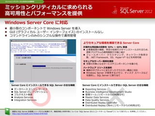 Server Core にインストールできない SQL Server の主な機能
 Reporting Services
 Business Intelligence Development Studio
 管理ツール (リモートからの利用は可)
 Master Data Services
 Data Quality Services
 Distributed Replay Controller
 Distributed Replay Client (リモートからの利用は可)
Server Core にインストールできる SQL Server の主な機能
 データベース エンジン サービス
 SQL Server のレプリケーション
 フルテキスト検索
 Analysis Services
 Integration Services
ミッションクリティカルを託せる信頼性
Windows Server Core に対応
 最小限のコンポーネントで Windows Server を導入
 GUI (グラフィカル ユーザー インターフェイス) のインストールなし
 コマンドラインのみのシンプルな操作で運用管理
ミッションクリティカルに求められる
高可用性とパフォーマンスを提供
よりセキュアな環境を構築できる Server Core
計画的な再起動の回数を 50% ～ 60% 削減
 必要最低限の機能、特定の役割だけがインストールされるため、
更新プログラムの適用頻度が大幅に減尐
 フェールオーバー クラスタリング、ネットワーク負荷分
散、.NET Framework、IIS、Hyper-V® などを利用可能
セキュアなサーバー環境を構築
 攻撃の対象となるサービスやコンポーネントを最小化
ハードウェア リソースを節約
 複数のサブネットにまたがったクラスター構成に対応
 Windows Server が使用するメモリ、ディスク スペースなどを
節約し、SQL Server に割り当て
画面は SQL Server 自習書シリーズからの転載です。機能詳細と利用手順については「SQL Server 2012 (コードネーム “Denali”) について知りたい」を参照してください。
http://go.microsoft.com/?linkid=9787550
 