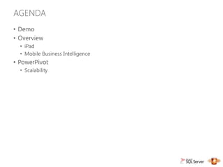 AGENDA
• Demo
• Overview
  • iPad
  • Mobile Business Intelligence
• PowerPivot
  • Scalability
 
