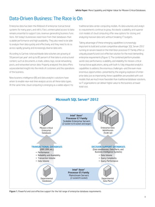 3
White Paper: More Capability and Higher Value for Mission-Critical Databases
Enterprise data has been the lifeblood of enterprise transactional
systems for many years, and still is. Fast, uninterrupted access to data
remains essential to support core, revenue-generating business func-
tions. Yet today’s businesses need more from their databases than
scalable performance and high availability. They also need to be able
to analyze their data quickly and effectively, and they need to do so
across rapidly growing and increasingly diverse data sets.
According to Gartner, total worldwide data volumes are growing at
59 percent per year1
and up to 85 percent of that data is unstructured
content, such as documents, e-mails, videos, logs, social networking
posts, and networked sensor data. Properly analyzed, this data offers
unprecedented insight into the minds of customers and the operations
of the business.
New business intelligence (BI) and data analytics solutions have
arisen to enable near-real-time analysis across all these data types.
At the same time, cloud computing is emerging as a viable adjunct to
traditional data center computing models. As data volumes and analyt-
ics requirements continue to grow, the elastic scalability and superior
cost models of cloud computing offer new options for storing and
analyzing massive data sets without breaking IT budgets.
Taking advantage of these emerging capabilities is increasingly
important to build and sustain competitive advantage. SQL Server 2012
running on servers based on the Intel Xeon processor E7 family offers a
uniquely powerful and cost-effective solution for the most demanding
enterprise requirements (Figure 1). The combined platform provides
world-class performance, scalability, and reliability for mission-critical
transactional applications, along with built-in, fully integrated analytics
capabilities to address the enormous challenges—and the even more
enormous opportunities—presented by the ongoing explosion of enter-
prise data. Just as importantly, these capabilities are provided with cost
models that are much more favorable than traditional database solutions,
so IT organizations can deliver higher value to the business at lower
total cost.
Data-Driven Business: The Race is On
Microsoft SQL Server* 2012
Intel® Xeon®
Processor E5 Family
Mainstream Servers
(2-socket/4-socket)
Intel® Xeon®
Processor E7 Family
Scalable Enterprise Servers
(2-socket to 8-socket and larger)
Mission-critical
Enterprise
Databases
DECISION SUPPORT DATABASES
(Data Warehouses, Data Marts, and
Business Intelligence Systems)
• Data Volume
• Query Complexity
• Query Performance
TRANSACTIONAL DATABASES
(ERP, CRM, etc.)
• Performance
• Reliability and Availability
• Transaction Volume
• Data Volume
Departmental
Databases
Enterprise Data
Warehouses
(Scale up)
Departmental
Data Marts
Figure 1. Powerful and cost-effective support for the full range of enterprise database requirements
 