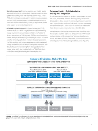 7
White Paper: More Capability and Higher Value for Mission-Critical Databases
• Guaranteed resources. Enterprise databases have multiple applica-
tions vying for resources, so it’s essential to ensure critical applications
get the resources they need. With Resource Governor in SQL Server
2012, administrators can create up to 64 isolated resource pools, place
hard caps on CPU resource usage, and establish workload affinity to
schedulers and non-uniform memory access (NUMA) nodes to provide
better support for service-level agreements.
• Affordable, high-end storage. With Server Message Block (SMB),
Windows Server 2012 allows IT organizations to support demanding
storage requirements using remote shared folders on affordable file
servers. Features such as SMB Direct and SMB Multichannel enable fast,
scalable, and highly available storage connectivity to support SQL Server
and other demanding applications. Intelligent storage arrays based on
Intel Xeon processors add to these advantages by providing advanced
storage capabilities, such as on-demand scaling, data compression, data
deduplication, and thin provisioning. Many also support automated
storage tiering, which, when combined with Intel® Solid-State Drives,
can enable dramatic performance gains at relatively low cost.10
Complete BI Solution—Out-of-the-Box
Optimized for Intel® processor-based clients and servers
PowerPivot
and Power View
SharePoint
Collaboration
Excel*
Workbooks
SharePoint Dashboard
and Scorecards
SELF-SERVICE BI USING POWERFUL AND FAMILIAR TOOLS
Microsoft SharePoint* 2012
(Intel® Xeon® processor E5 family)
Microsoft Ofﬁce*
(Intel® Core™ processor family)
Integration
Services
Analysis
Services
Data Quality
Services
COMPLETE SUPPORT FOR DATA WAREHOUSES AND DATA MARTS
Microsoft SQL Server* 2012
(Intel® Xeon® processor E7 family/Intel Xeon processor E5 family)
Master Data
Services
Reporting
Services
Microsoft
SQL Server
Microsoft
Dynamics
LOB Apps Data Feeds
Figure 4. SQL Server* 2012 provides out-of-the-box support for data warehousing and business intelligence, with optimized support for all user
groups, from expert data analysts to typical business users.
Pervasive Insight – Built-in Analytics
and Big Data Integration
All the capabilities discussed so far are about doing business as usual,
only faster, more reliably, and more affordably. Today’s revolution in
data analytics is about growing the business by empowering business
users to identify opportunities and risks and act on them more quickly.
With advanced analytics, users across the business can make better,
faster decisions based on comprehensive and credible data.
Intel and Microsoft are uniquely positioned to help businesses grow
their analytics capability. SQL Server 2012, combined with Microsoft
business intelligence (BI) tools and Intel® processor-based servers,
laptops, and tablets, provides a flexible and affordable foundation for
extending advanced analytics throughout the business (Figure 4).
 
