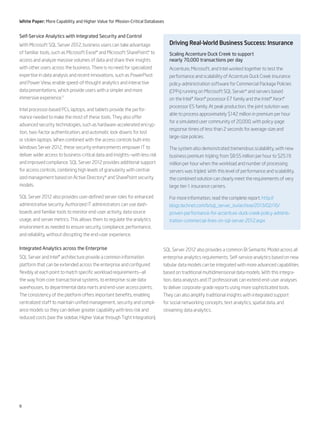 8
White Paper: More Capability and Higher Value for Mission-Critical Databases
Self-Service Analytics with Integrated Security and Control
With Microsoft SQL Server 2012, business users can take advantage
of familiar tools, such as Microsoft Excel* and Microsoft SharePoint,* to
access and analyze massive volumes of data and share their insights
with other users across the business. There is no need for specialized
expertise in data analysis and recent innovations, such as PowerPivot
and Power View, enable speed-of-thought analytics and interactive
data presentations, which provide users with a simpler and more
immersive experience.11
Intel processor-based PCs, laptops, and tablets provide the perfor-
mance needed to make the most of these tools. They also offer
advanced security technologies, such as hardware-accelerated encryp-
tion, two-factor authentication, and automatic lock-downs for lost
or stolen laptops. When combined with the access controls built-into
Windows Server 2012, these security enhancements empower IT to
deliver wider access to business-critical data and insights—with less risk
and improved compliance. SQL Server 2012 provides additional support
for access controls, combining high levels of granularity with central-
ized management based on Active Directory* and SharePoint security
models.
SQL Server 2012 also provides user-defined server roles for enhanced
administrative security. Authorized IT administrators can use dash-
boards and familiar tools to monitor end-user activity, data source
usage, and server metrics. This allows them to regulate the analytics
environment as needed to ensure security, compliance, performance,
and reliability, without disrupting the end-user experience.
Integrated Analytics across the Enterprise
SQL Server and Intel® architecture provide a common information
platform that can be extended across the enterprise and configured
flexibly at each point to match specific workload requirements—all
the way from core transactional systems, to enterprise-scale data
warehouses, to departmental data marts and end-user access points.
The consistency of the platform offers important benefits, enabling
centralized staff to maintain unified management, security and compli-
ance models so they can deliver greater capability with less risk and
reduced costs (see the sidebar, Higher Value through Tight Integration).
Driving Real-World Business Success: Insurance
Scaling Accenture Duck Creek to support
nearly 70,000 transactions per day
Accenture, Microsoft, and Intel worked together to test the
performance and scalability of Accenture Duck Creek insurance
policy-administration software for Commercial Package Policies
(CPPs) running on Microsoft SQL Server* and servers based
on the Intel® Xeon® processor E7 family and the Intel® Xeon®
processor E5 family. At peak production, the joint solution was
able to process approximately $142 million in premium per hour
for a simulated user community of 20,000, with policy-page
response times of less than 2 seconds for average-size and
large-size policies.
The system also demonstrated tremendous scalability, with new
business premium tripling from $8.55 million per hour to $25.19
million per hour when the workload and number of processing
servers was tripled. With this level of performance and scalability,
the combined solution can clearly meet the requirements of very
large tier-1 insurance carriers.
For more information, read the complete report. http://
blogs.technet.com/b/sql_server_isv/archive/2013/02/16/
proven-performance-for-accenture-duck-creek-policy-adminis-
tration-commercial-lines-on-sql-server-2012.aspx
SQL Server 2012 also provides a common BI Semantic Model across all
enterprise analytics requirements. Self-service analytics based on new
tabular data models can be integrated with more advanced capabilities
based on traditional multidimensional data models. With this integra-
tion, data analysts and IT professionals can extend end-user analyses
to deliver corporate-grade reports using more sophisticated tools.
They can also amplify traditional insights with integrated support
for social networking concepts, text analytics, spatial data, and
streaming data analytics.
 
