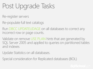 Post Upgrade Tasks
Re-register servers
Re-populate full text catalogs
Run DBCC UPDATEUDAGE on all databases to correct any
incorrect row or page counts.

Validate on remove USE PLAN hints that are generated by
SQL Server 2005 and applied to queries on partitioned tables
and indexes
Update Statistics on all databases.
Special consideration for Replicated databases (BOL)

 