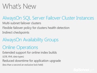 What’s New
AlwaysOn SQL Server Failover Cluster Instances
Multi-subnet failover clusters
Flexible failover policy for clusters health detection
Indirect checkpoints

AlwaysOn Availability Groups

Online Operations
Extended support for online index builds
(LOB, XML data types)

Reduced downtime for application upgrade
(less than a second an exclusive lock held)

 