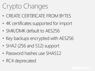 Crypto Changes
• CREATE CERTIFICATE FROM BYTES
• 4K certificates supported for import
• SMK/DMK default to AES256
• Key backups encrypted with AES256
• SHA2 (256 and 512) support

• Password hashes use SHA512
• RC4 deprecated

 