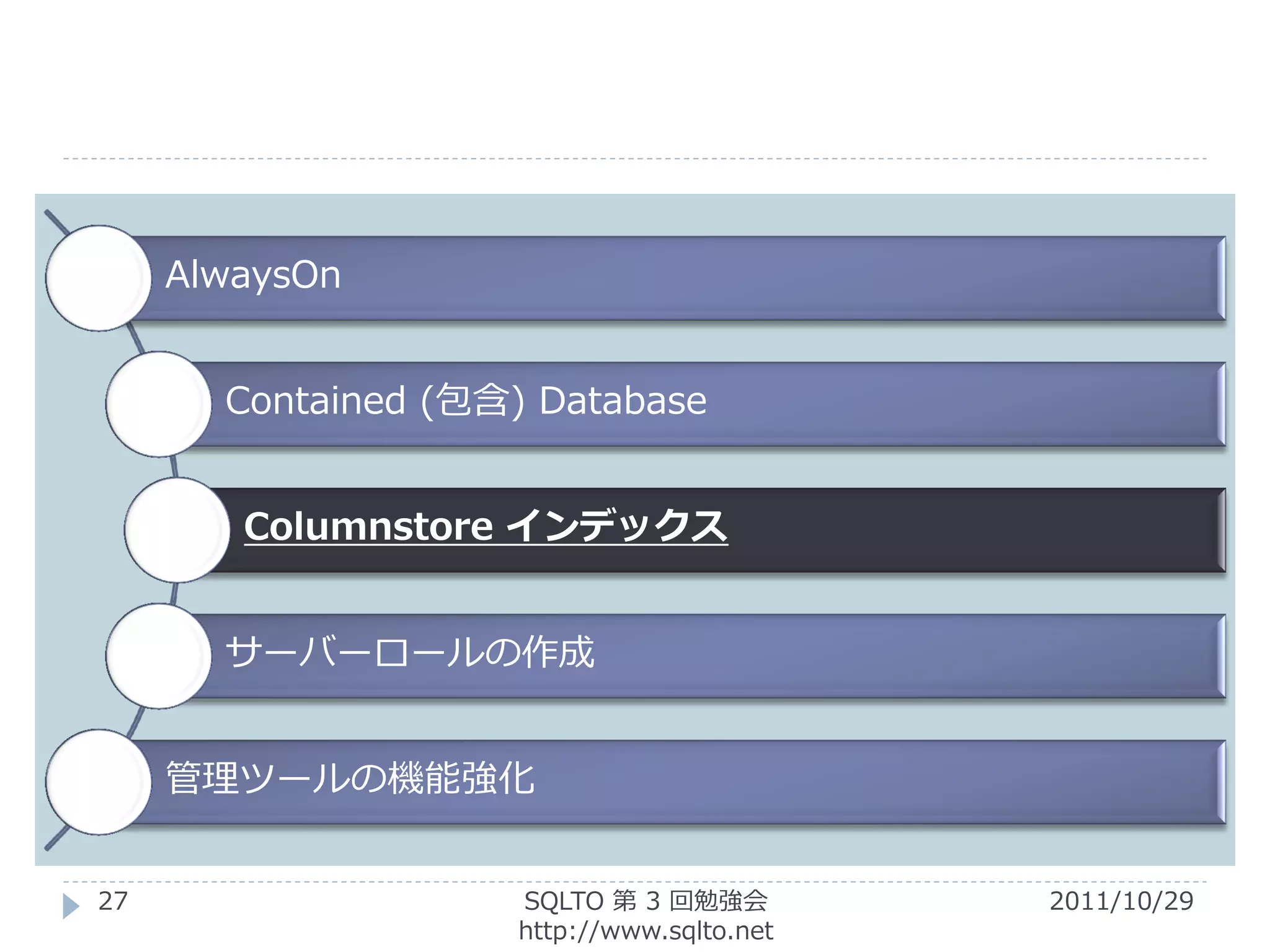 AlwaysOn


       Contained (包含) Database


        Columnstore インデックス


       サーバーロールの作成


     管理ツールの機能強化


27                  SQLTO 第 3 回勉強会         2011/10/29
                    http://www.sqlto.net
 