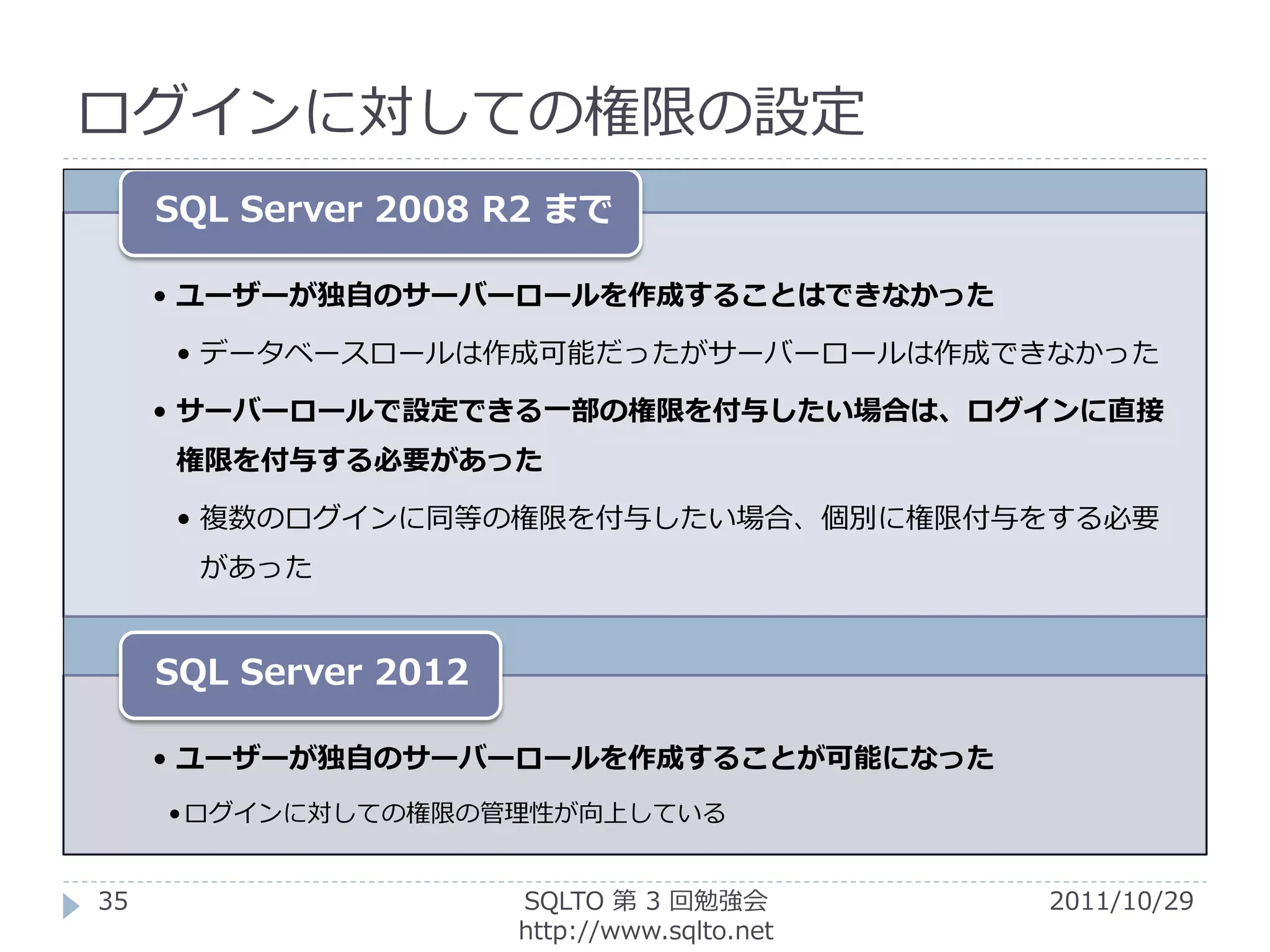 ログインに対しての権限の設定
     SQL Server 2008 R2 まで

     • ユーザーが独自のサーバーロールを作成することはできなかった

     • データベースロールは作成可能だったがサーバーロールは作成できなかった

     • サーバーロールで設定できる一部の権限を付与したい場合は、ログインに直接
     権限を付与する必要があった

     • 複数のログインに同等の権限を付与したい場合、個別に権限付与をする必要
       があった


     SQL Server 2012

     • ユーザーが独自のサーバーロールを作成することが可能になった
     • ログインに対しての権限の管理性が向上している


35                     SQLTO 第 3 回勉強会         2011/10/29
                       http://www.sqlto.net
 