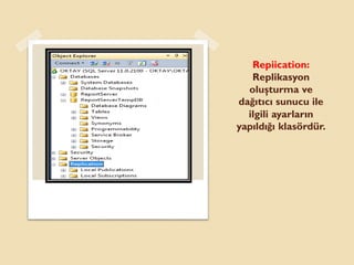 Repiication:
Replikasyon
oluşturma ve
dağıtıcı sunucu ile
ilgili ayarların
yapıldığı klasördür.
 