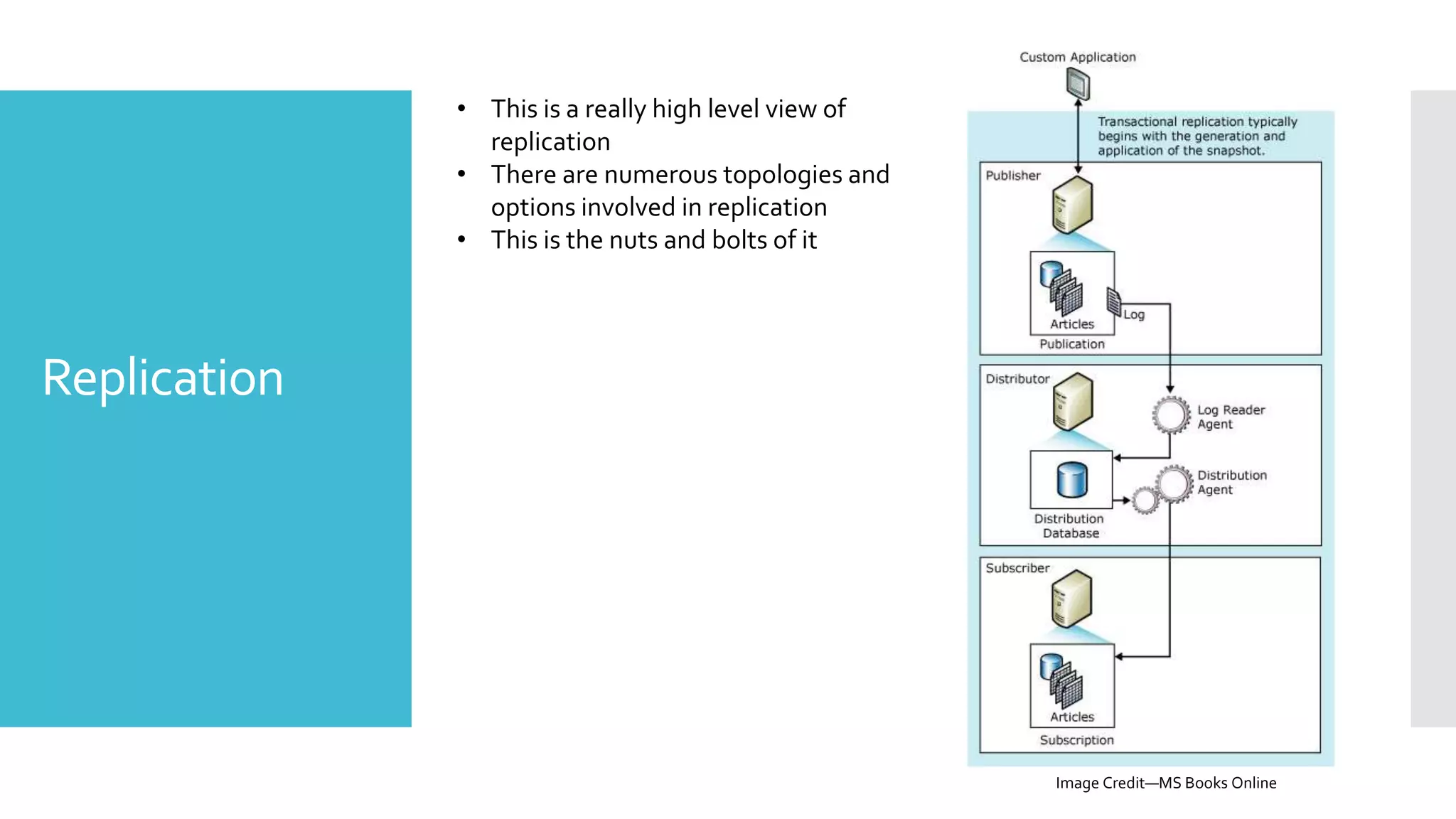 • This is a really high level view of
                replication
              • There are numerous topologies and
                options involved in replication
              • This is the nuts and bolts of it




Replication




                                                      Image Credit—MS Books Online
 