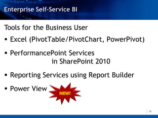 Tools for the Business User
 Excel (PivotTable/PivotChart, PowerPivot)
 PerformancePoint Services
             in SharePoint 2010
 Reporting Services using Report Builder
 Power View


                                              15
 