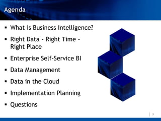  What is Business Intelligence?
 Right Data - Right Time -
  Right Place
 Enterprise Self-Service BI
 Data Management
 Data in the Cloud
 Implementation Planning
 Questions
                                   3
 