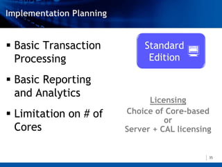  Basic Transaction         Standard
  Processing                 Edition   
 Basic Reporting
  and Analytics
                             Licensing
 Limitation on # of   Choice of Core-based
                                 or
  Cores                Server + CAL licensing


                                            35
 