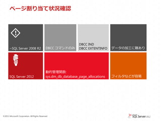 ページ割り当て状況確認




                                                                 DBCC IND
       ~SQL Server 2008 R2                    DBCC コマンドのみ        DBCC EXTENTINFO    データの加工に難あり




                                              動的管理関数:
       SQL Server 2012                        sys.dm_db_database_page_allocations   フィルタなどが容易




&copy;2011 Microsoft Corporation. All Rights Reserved.
 