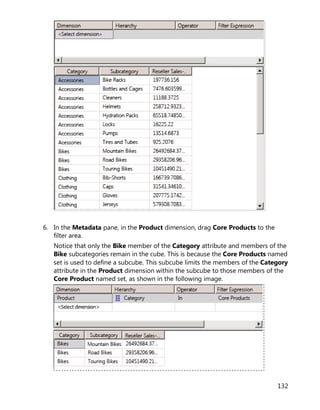 132
6. In the Metadata pane, in the Product dimension, drag Core Products to the
filter area.
Notice that only the Bike member of the Category attribute and members of the
Bike subcategories remain in the cube. This is because the Core Products named
set is used to define a subcube. This subcube limits the members of the Category
attribute in the Product dimension within the subcube to those members of the
Core Product named set, as shown in the following image.
 