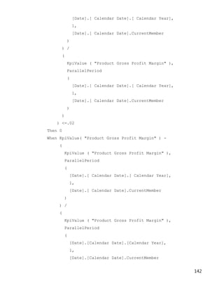 142
[Date].[ Calendar Date].[ Calendar Year],
1,
[Date].[ Calendar Date].CurrentMember
)
) /
(
KpiValue ( "Product Gross Profit Margin" ),
ParallelPeriod
(
[Date].[ Calendar Date].[ Calendar Year],
1,
[Date].[ Calendar Date].CurrentMember
)
)
) <=.02
Then 0
When KpiValue( "Product Gross Profit Margin" ) -
(
KpiValue ( "Product Gross Profit Margin" ),
ParallelPeriod
(
[Date].[ Calendar Date].[ Calendar Year],
1,
[Date].[ Calendar Date].CurrentMember
)
) /
(
KpiValue ( "Product Gross Profit Margin" ),
ParallelPeriod
(
[Date].[Calendar Date].[Calendar Year],
1,
[Date].[Calendar Date].CurrentMember
 