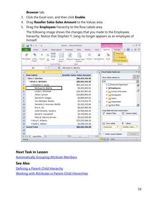 59
Browser tab.
3. Click the Excel icon, and then click Enable.
4. Drag Reseller Sales-Sales Amount to the Values area.
5. Drag the Employees hierarchy to the Row Labels area.
The following image shows the changes that you made to the Employees
hierarchy. Notice that Stephen Y. Jiang no longer appears as an employee of
himself.
Next Task in Lesson
Automatically Grouping Attribute Members
See Also
Defining a Parent-Child Hierarchy
Working with Attributes in Parent-Child Hierarchies
 