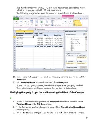 64
also that the employees with 32 - 42 sick leave hours made significantly more
sales than employees with 20 - 31 sick leave hours.
The following image shows sales dimensioned by employee sick leave hours.
10. Remove the Sick Leave Hours attribute hierarchy from the column area of the
Data pane.
11. Add Vacation Hours to the column area of the Data pane.
Notice that two groups appear, based on the equal areas grouping method.
Three other groups are hidden because they contain no data values.
Modifying Grouping Properties and Reviewing the Effect of the Changes
1. Switch to Dimension Designer for the Employee dimension, and then select
Vacation Hours in the Attributes pane.
2. In the Properties window, change the value of the DiscretizationBucketCount
property to 10.
3. On the Build menu of SQL Server Data Tools, click Deploy Analysis Services
 