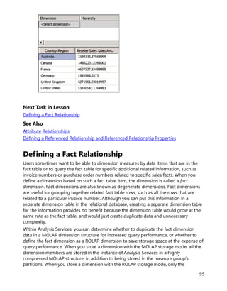 95
Next Task in Lesson
Defining a Fact Relationship
See Also
Attribute Relationships
Defining a Referenced Relationship and Referenced Relationship Properties
Defining a Fact Relationship
Users sometimes want to be able to dimension measures by data items that are in the
fact table or to query the fact table for specific additional related information, such as
invoice numbers or purchase order numbers related to specific sales facts. When you
define a dimension based on such a fact table item, the dimension is called a fact
dimension. Fact dimensions are also known as degenerate dimensions. Fact dimensions
are useful for grouping together related fact table rows, such as all the rows that are
related to a particular invoice number. Although you can put this information in a
separate dimension table in the relational database, creating a separate dimension table
for the information provides no benefit because the dimension table would grow at the
same rate as the fact table, and would just create duplicate data and unnecessary
complexity.
Within Analysis Services, you can determine whether to duplicate the fact dimension
data in a MOLAP dimension structure for increased query performance, or whether to
define the fact dimension as a ROLAP dimension to save storage space at the expense of
query performance. When you store a dimension with the MOLAP storage mode, all the
dimension members are stored in the instance of Analysis Services in a highly
compressed MOLAP structure, in addition to being stored in the measure group's
partitions. When you store a dimension with the ROLAP storage mode, only the
 
