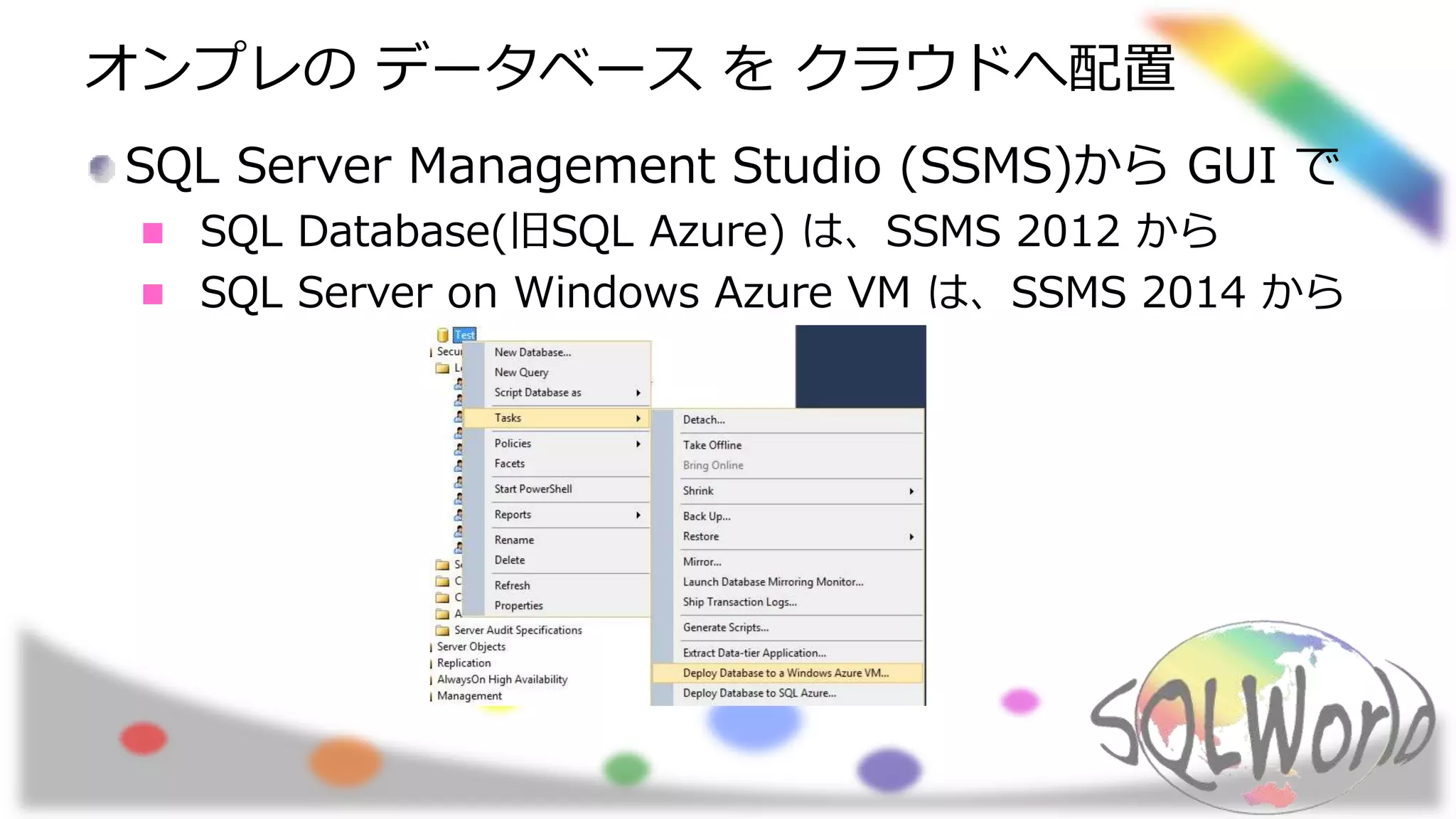 オンプレの データベース を クラウドへ配置
SQL Server Management Studio (SSMS)から GUI で
SQL Database(旧SQL Azure) は、SSMS 2012 から
SQL Server on Windows Azure VM は、SSMS 2014 から
 