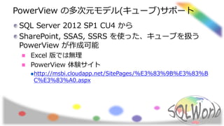 PowerView の多次元モデル(キューブ)サポート
SQL Server 2012 SP1 CU4 から
SharePoint, SSAS, SSRS を使った、キューブを扱う
PowerView が作成可能
Excel 版では無理
PowerView 体験サイト
http://msbi.cloudapp.net/SitePages/%E3%83%9B%E3%83%B
C%E3%83%A0.aspx
 