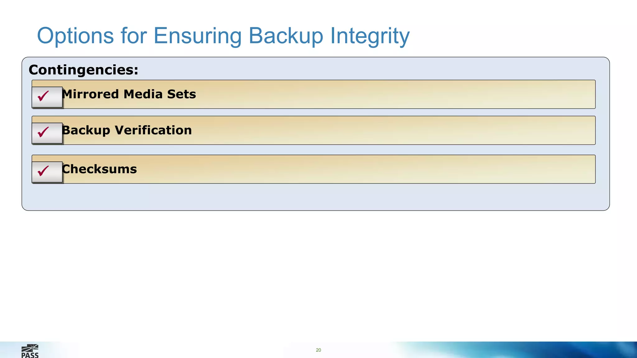 Options for Ensuring Backup Integrity 
20 
Contingencies: 
 Mirrored Media Sets 
 Backup Verification 
 Checksums 
 
