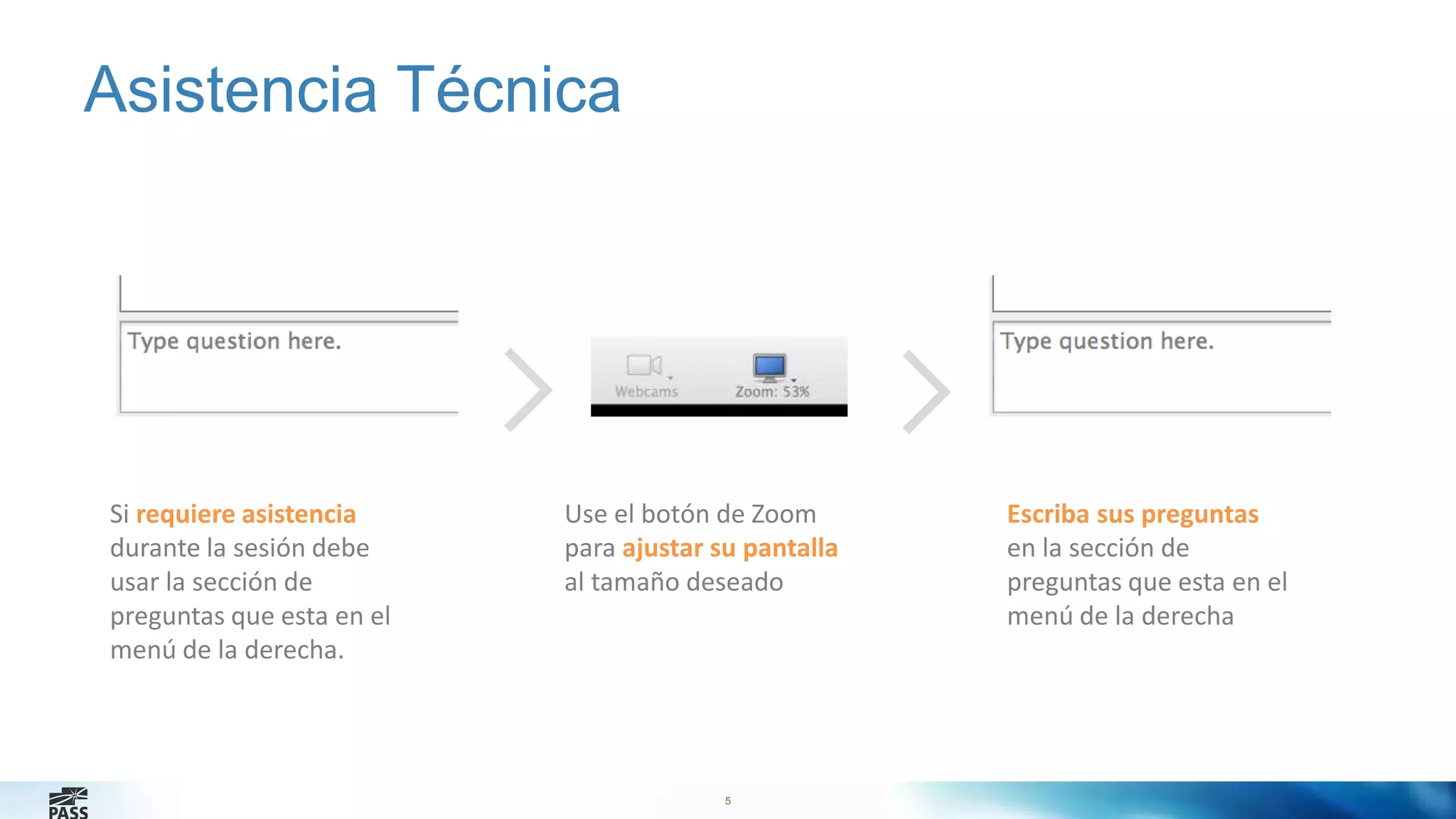 5 
Asistencia Técnica 
Si requiere asistencia 
durante la sesión debe 
usar la sección de 
preguntas que esta en el 
menú de la derecha. 
Use el botón de Zoom 
para ajustar su pantalla 
al tamaño deseado 
Escriba sus preguntas 
en la sección de 
preguntas que esta en el 
menú de la derecha 
 